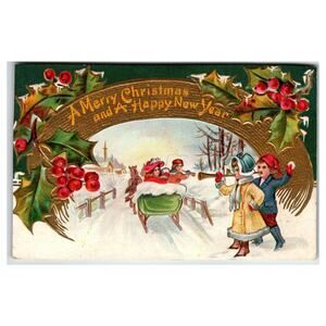Vintage 1909 Embossed Christmas Postcard with Children & Sleigh Scene